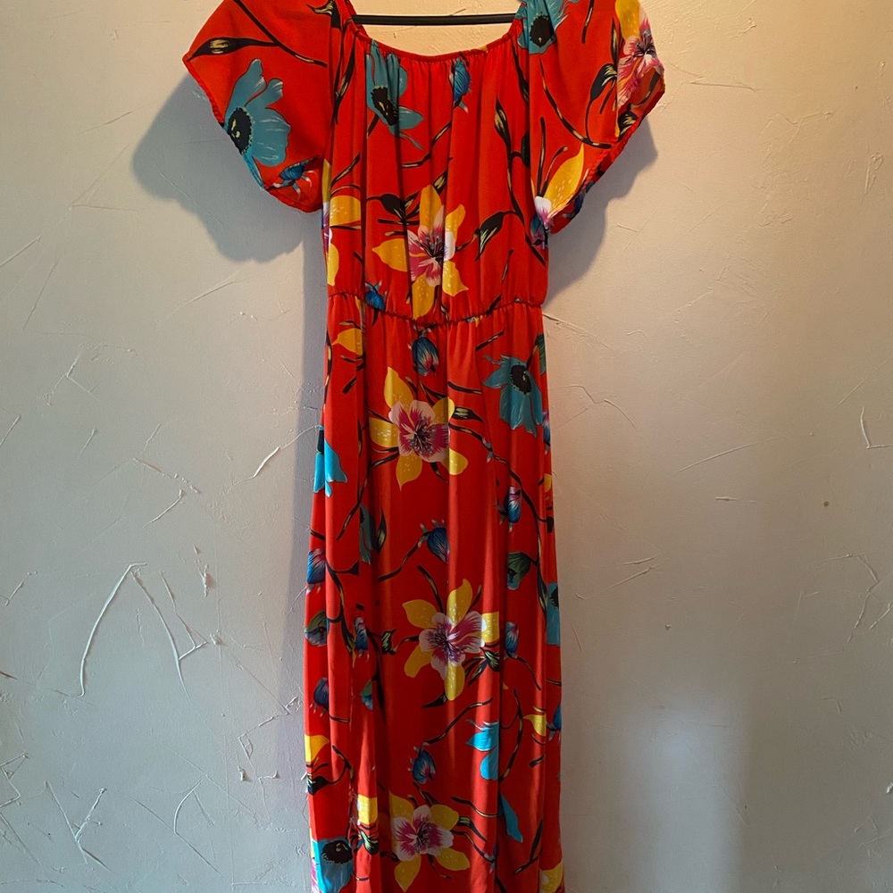 Red floral floor length off the shoulder dress